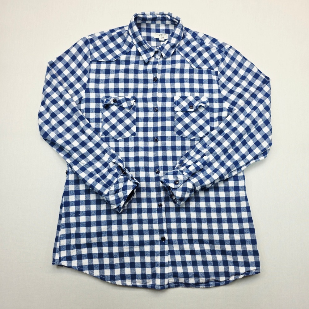 Matchstick Mens Blue White Buffalo Check Cotton Flannel Western Shirt Large